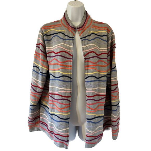 Coldwater Creek Gray Multicolor Wave Zip Up Cardigan Sweater Size 1X - Picture 3 of 7